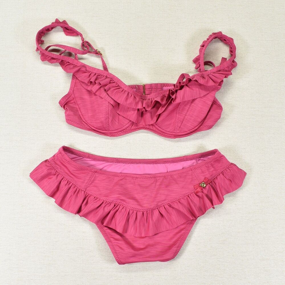 Vintage Betsey Johnson Pink Ruffle Bikini Set Underwire 2 Piece USA Made Size M